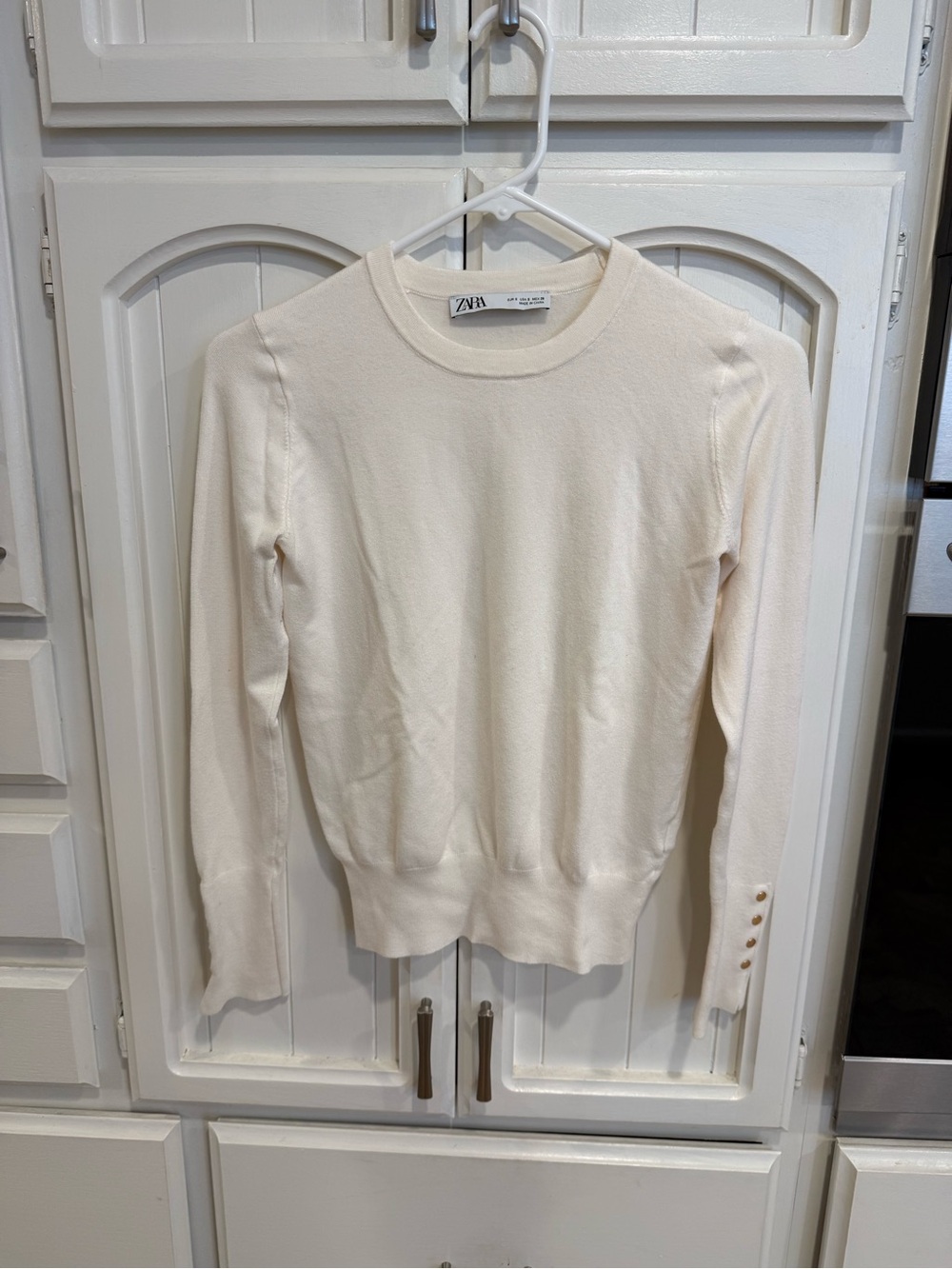 ZARA Cream Crewneck Sweater with Gold Cuff Buttons | Size: Small